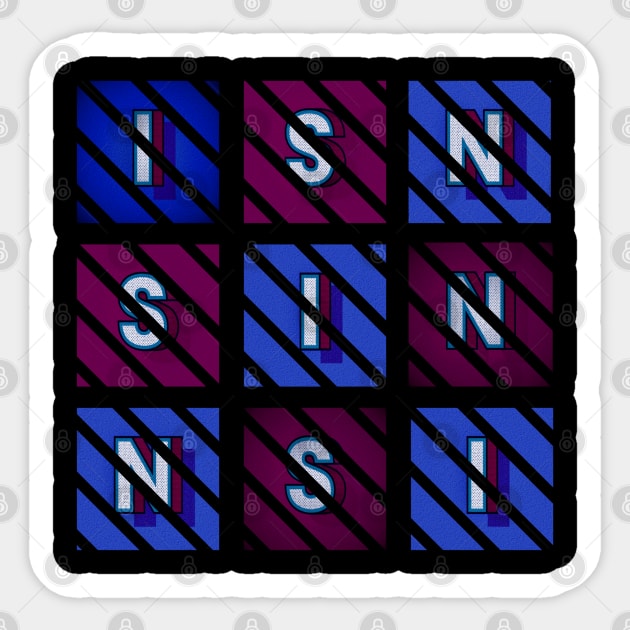 Sin - white letters in blue and red boxes, diagonal striped frame Sticker by PopArtyParty